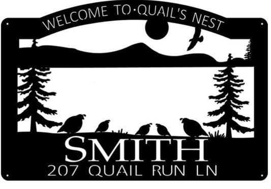 Metal address sign with Quail, pine trees or Cactus MOUNTAIN Quail sign desert sign