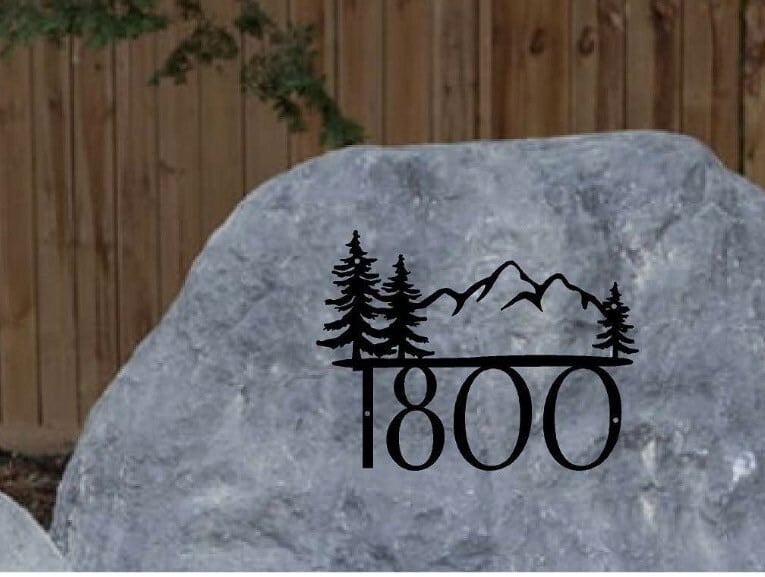 Custom metal address with evergreen mountains, laser cut metal address