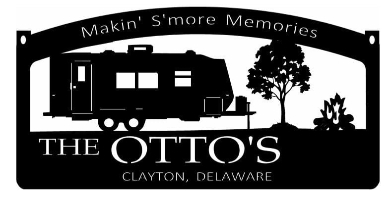 Personalized, metal CAMPER sign with CAMPER and campfire