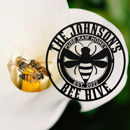 Custom Honey Bee Metal Sign, Custom Honey Bee Family Name Metal Sign, Custom Bee Garden Hanging Sign, Bee Keeper Gift, Bee Farm Decor