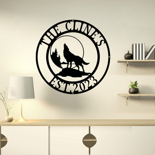 Custom Wolf Name Metal Sign, Custom Wolf Monogram Metal Sign Art, Wolf Howling Metal Sign, Wolf Lover, Personalized Gift
