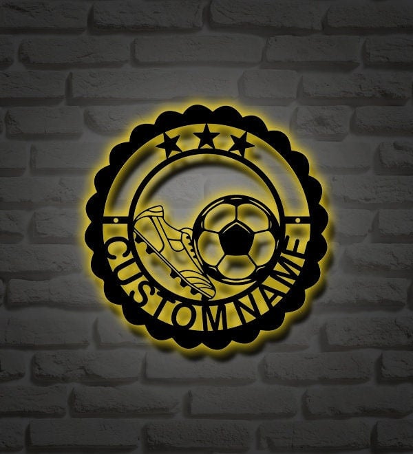 Personalized soccer LED metal art sign, light up soccer name metal sign, multi-color soccer art, metal soccer wall art, soccer fan gifts