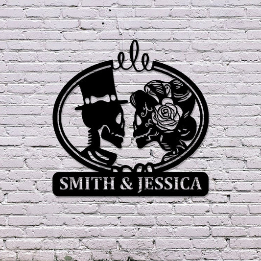 Customized Name Text Sign Skeleton Bride and Groom Metal Wall Art,Personalized Metal Wall Art Gift for Anniversary, Halloween Gothic Decor