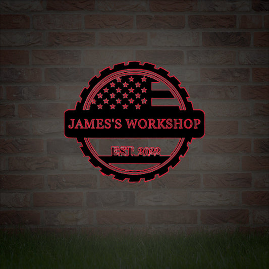 Custom American Flag Workshop Signs / Personalized Garage Metal Signs / Handmade Garage Wall Decor / LED Signs / Dad's Gift / Freedom