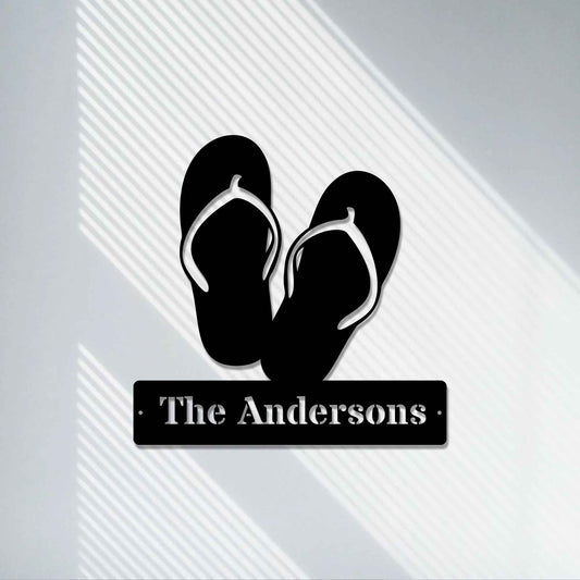 Personalized Flip Flops Metal Beach Wall Sign - Coastal Beach Themed Sandals Custom Last Name Metal Wall Art Home Decor - LED Light