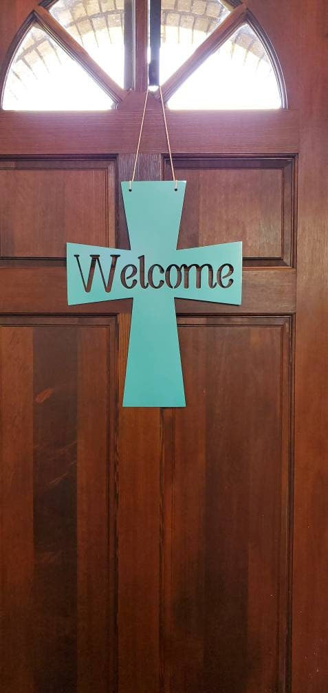 Welcome Door Hanger, Cross Door Hanger, Metal Cross, Door Decor, Front Door Sign, Door Sign, Welcome Sign, Metal Sign, Welcome, Porch Sign
