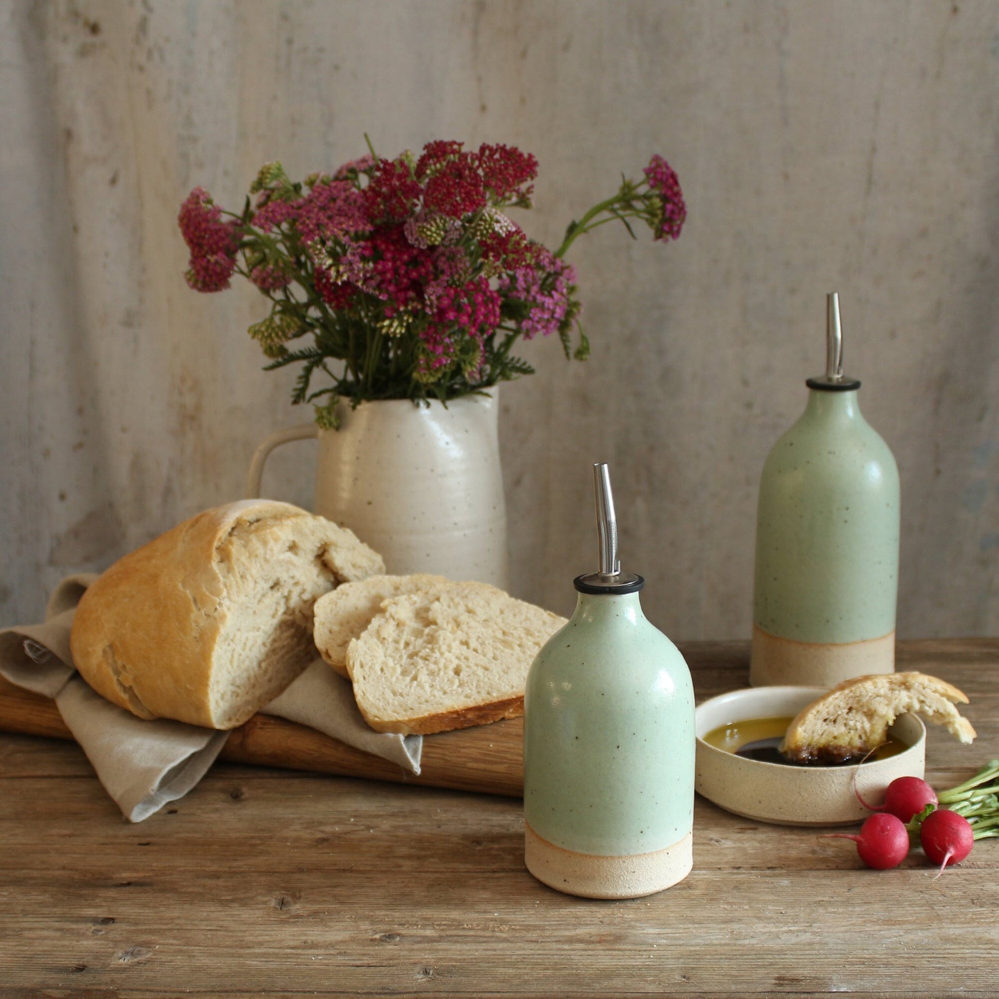 Handmade Green Ceramic Oil Pourer in Small or Large