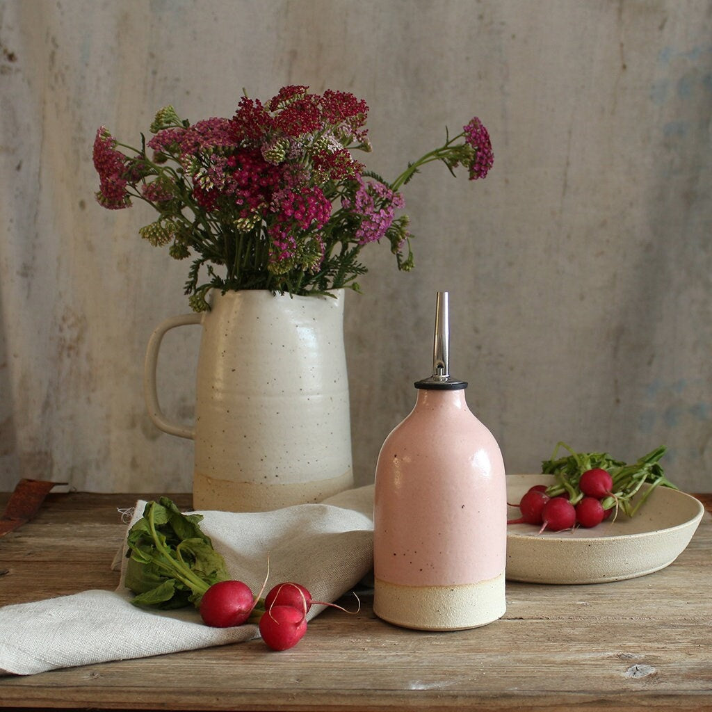 Handmade Pink Ceramic Oil Pourer in Small or Large