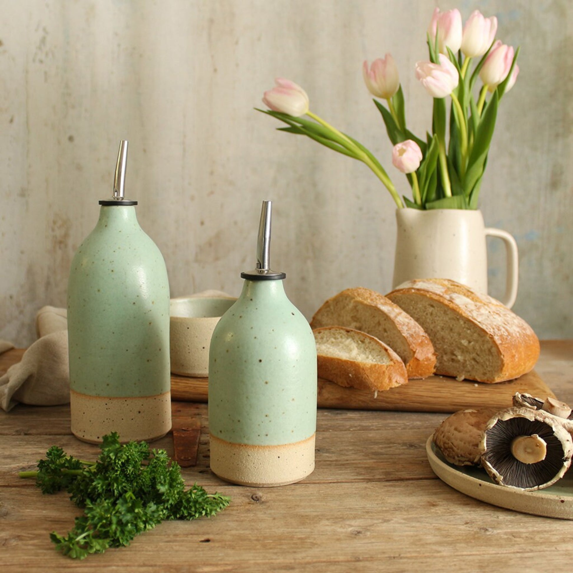 Handmade Green Ceramic Oil Pourer in Small or Large